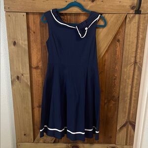 Navy Blue Sleeveless Womans Dress with White Sailor Trim